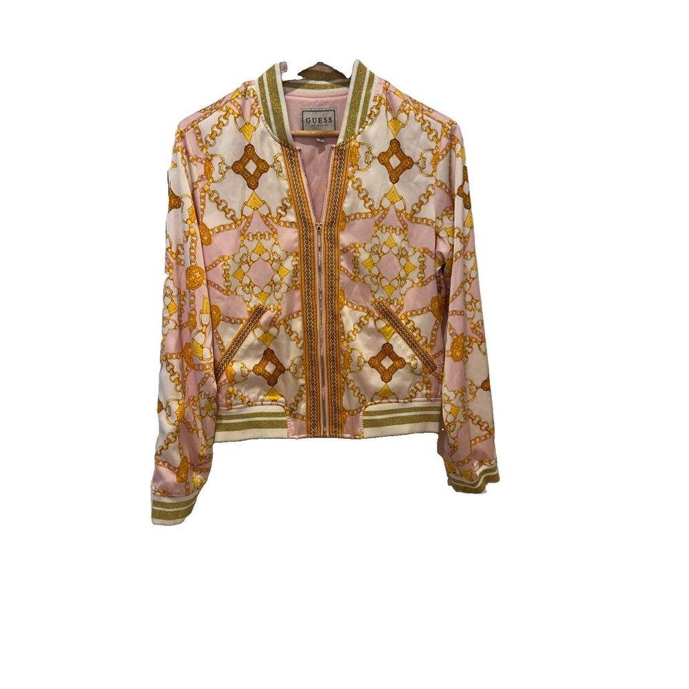 Vintage Guess Italian Maximalist Baroque Bomber Jacket Sz M Gold Chain Pink Zip